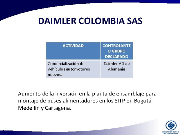 DAIMLER COLOMBIA SAS ACTIVIDAD Comercialización de vehículos automotores nuevos. CONTROLANTE O GRUPO DECLARADO Daimler