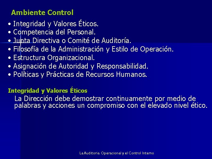 Ambiente Control • Integridad y Valores Éticos. • Competencia del Personal. • Junta Directiva