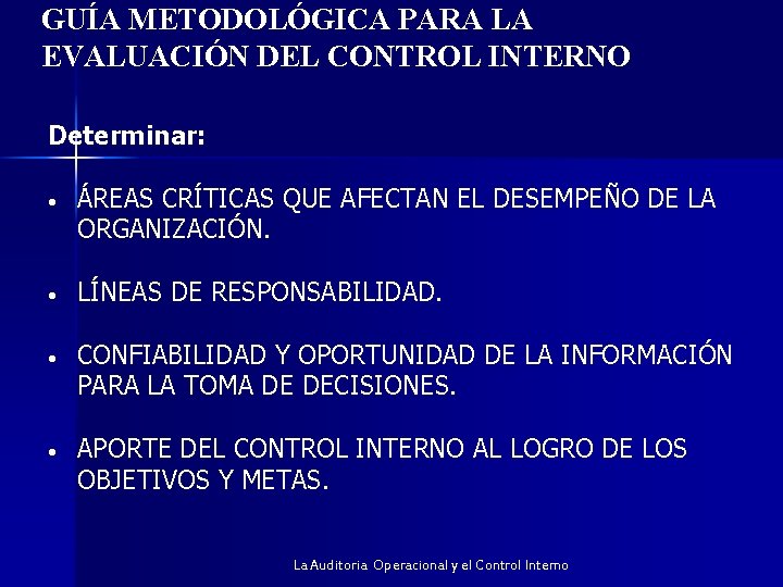 GUÍA METODOLÓGICA PARA LA EVALUACIÓN DEL CONTROL INTERNO Determinar: • ÁREAS CRÍTICAS QUE AFECTAN