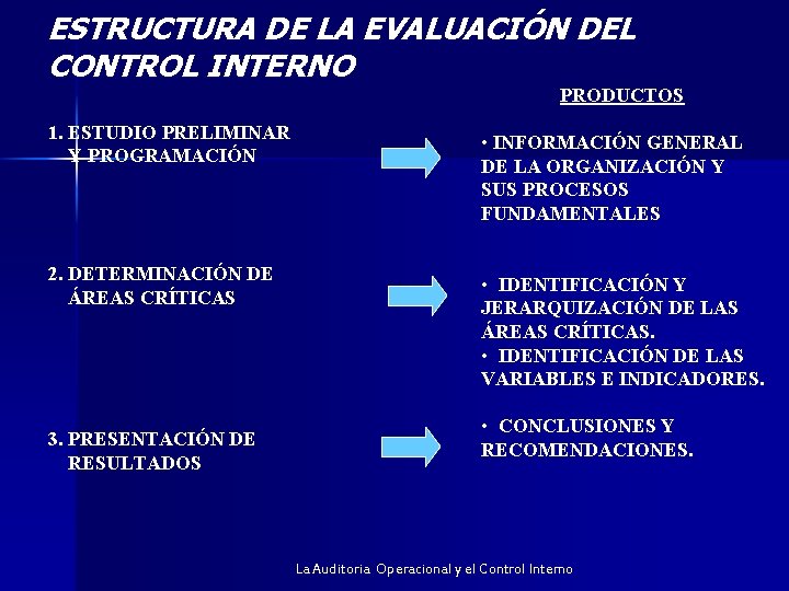 ESTRUCTURA DE LA EVALUACIÓN DEL CONTROL INTERNO PRODUCTOS 1. ESTUDIO PRELIMINAR Y PROGRAMACIÓN 2.