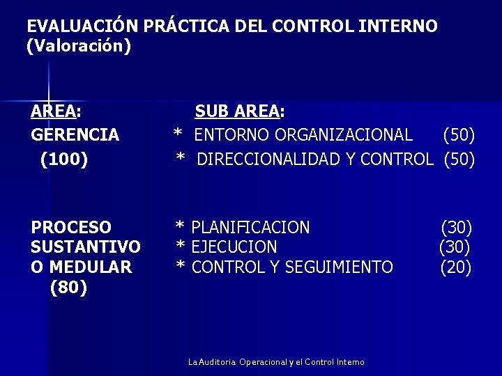 EVALUACIÓN PRÁCTICA DEL CONTROL INTERNO (Valoración) AREA: GERENCIA (100) SUB AREA: * ENTORNO ORGANIZACIONAL