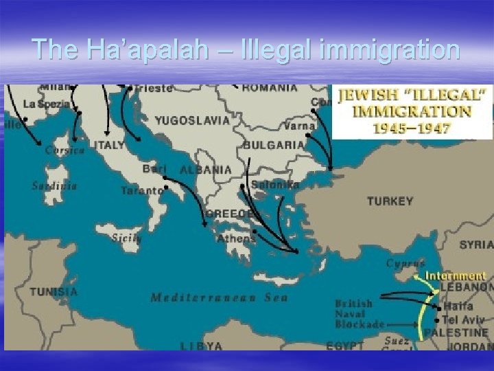 The Ha’apalah – Illegal immigration § The Bricha organization smuggled Jews who wanted to