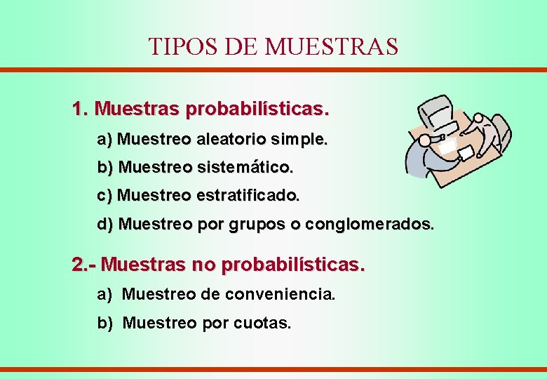 TIPOS DE MUESTRAS 1. Muestras probabilísticas. a) Muestreo aleatorio simple. b) Muestreo sistemático. c)