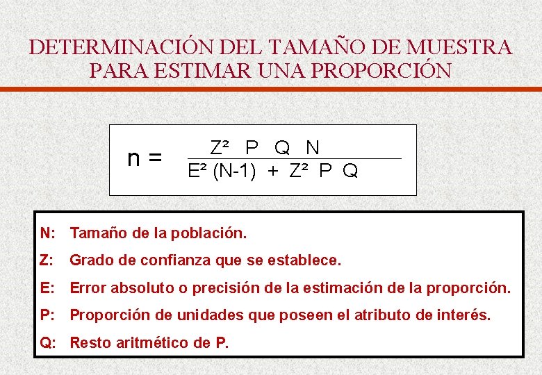 DETERMINACIÓN DEL TAMAÑO DE MUESTRA PARA ESTIMAR UNA PROPORCIÓN n= Z² P Q N