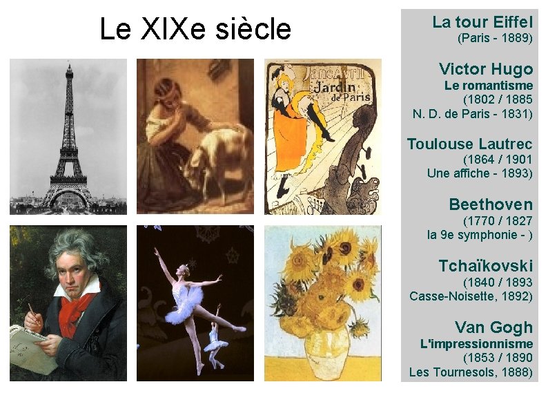 Le XIXe siècle La tour Eiffel (Paris - 1889) Victor Hugo Le romantisme (1802