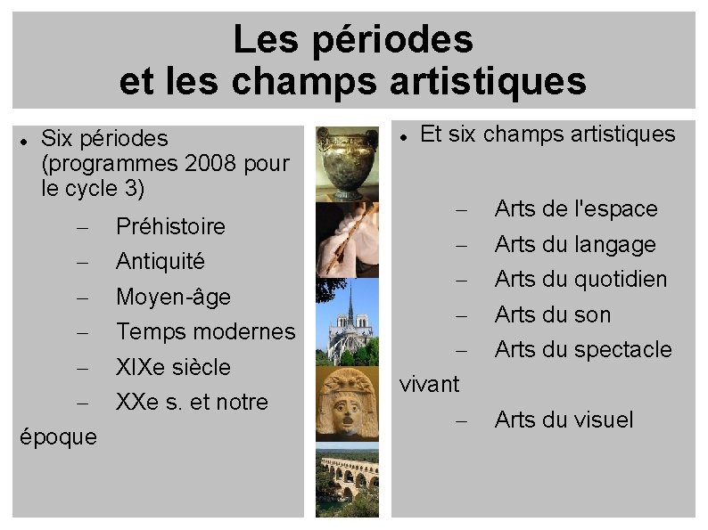 Les périodes et les champs artistiques Six périodes (programmes 2008 pour le cycle 3)