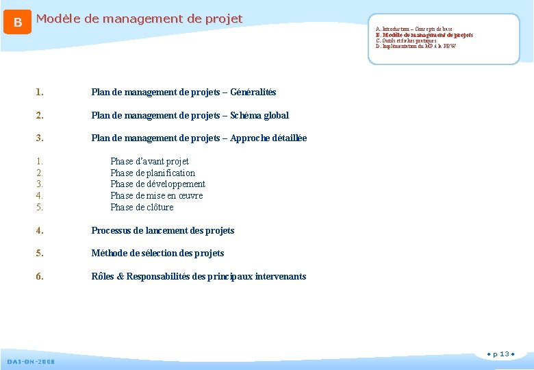 B Modèle de management de projet A. Introduction – Concepts de base B. Modèle