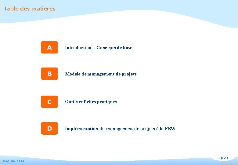 Table des matières A DA 1 -ON-2008 Introduction – Concepts de base B Modèle