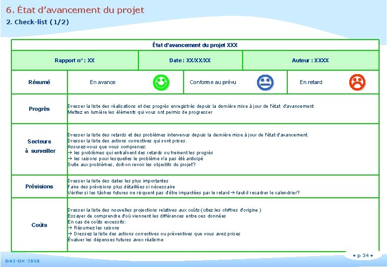 6. État d’avancement du projet 2. Check-list (1/2) État d’avancement du projet XXX Rapport