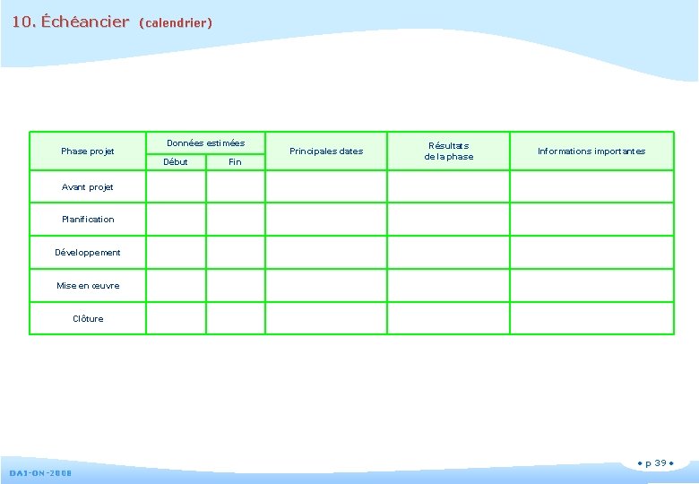 10. Échéancier Phase projet (calendrier) Données estimées Début Fin Principales dates Résultats de la