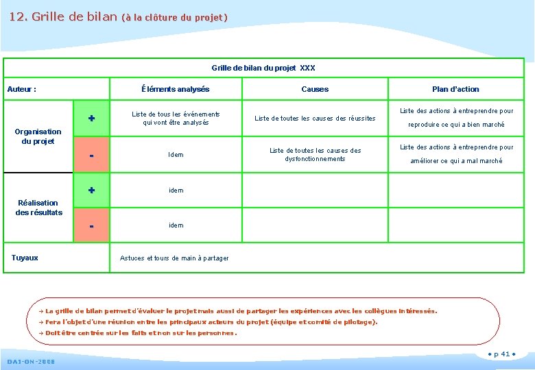 12. Grille de bilan (à la clôture du projet) Grille de bilan du projet