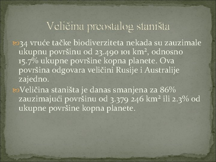 Veličina preostalog staništa 34 vruće tačke biodiverziteta nekada su zauzimale ukupnu površinu od 23.