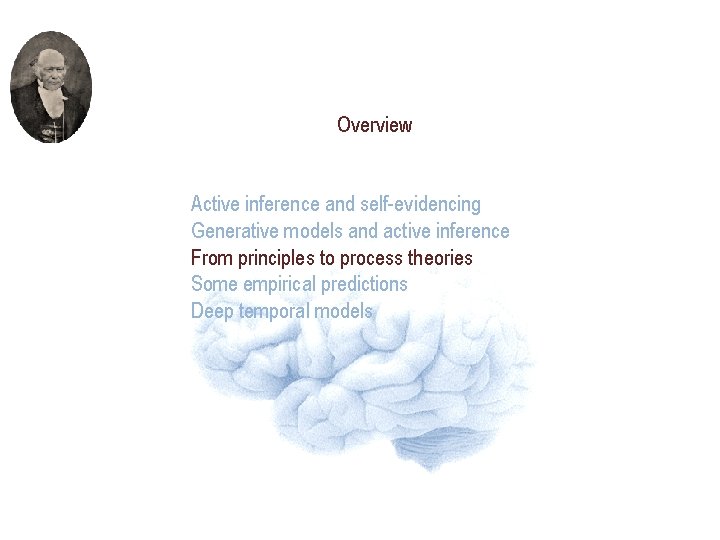 Overview Active inference and self-evidencing Generative models and active inference From principles to process