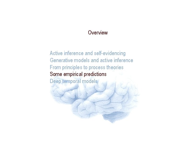 Overview Active inference and self-evidencing Generative models and active inference From principles to process