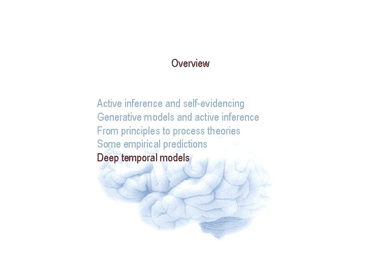 Overview Active inference and self-evidencing Generative models and active inference From principles to process Overview Active inference and self-evidencing Generative models and active inference From principles to process