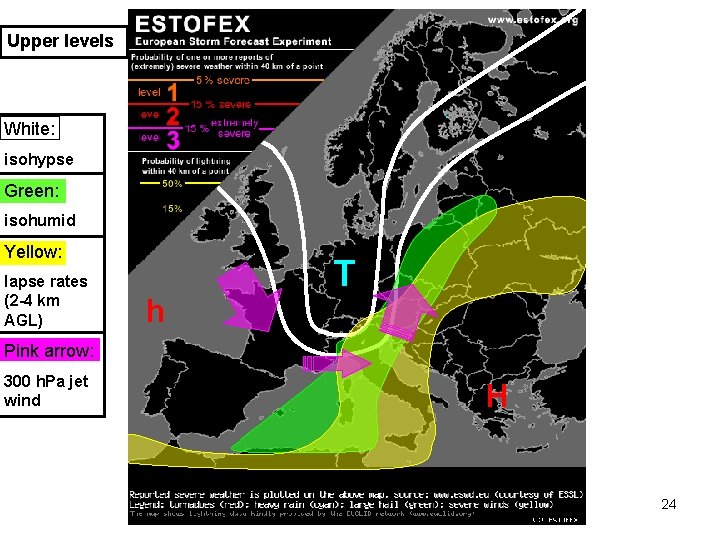 Upper levels White: isohypse Green: isohumid Yellow: lapse rates (2 -4 km AGL) h