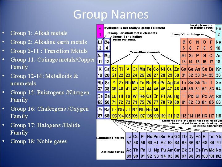 Group Names • • • Group 1: Alkali metals Group 2: Alkaline earth metals