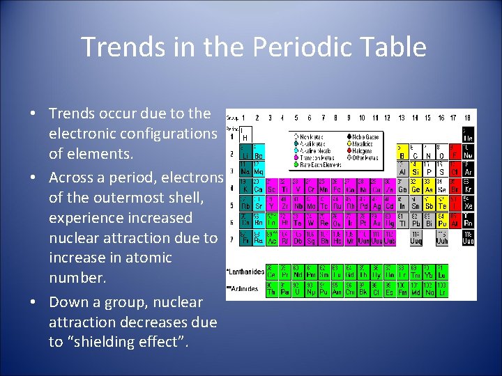 Trends in the Periodic Table • Trends occur due to the electronic configurations of