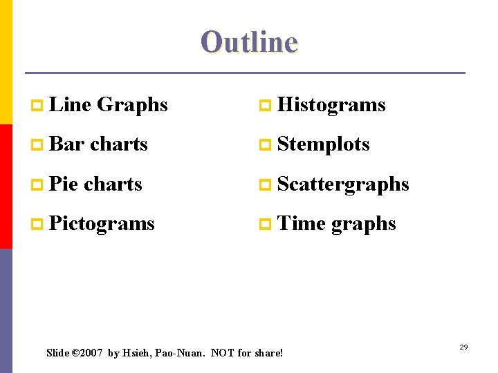 Outline p Line Graphs p Histograms p Bar charts p Stemplots p Pie charts