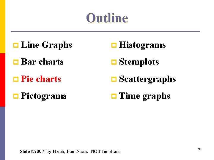Outline p Line Graphs p Histograms p Bar charts p Stemplots p Pie charts
