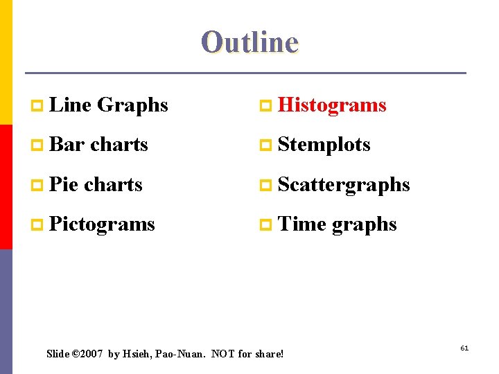 Outline p Line Graphs p Histograms p Bar charts p Stemplots p Pie charts