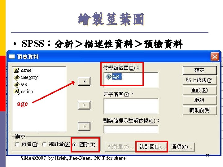 繪製莖葉圖 • SPSS：分析＞描述性資料＞預檢資料 age Slide © 2007 by Hsieh, Pao-Nuan. NOT for share! 70