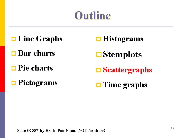 Outline p Line Graphs p Histograms p Bar charts p Stemplots p Pie charts