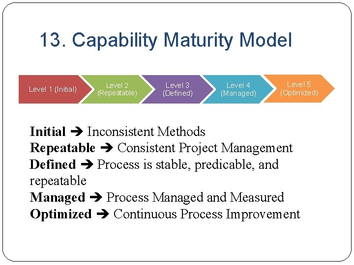 13. Capability Maturity Model Level 1 (Initial) Level 2 (Repeatable) Level 3 (Defined) Level