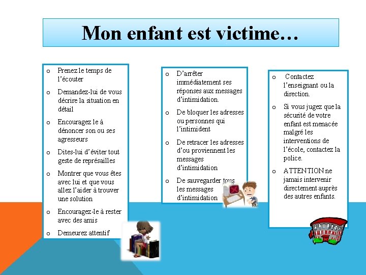 Mon enfant est victime… o Prenez le temps de l’écouter o Demandez-lui de vous Mon enfant est victime… o Prenez le temps de l’écouter o Demandez-lui de vous