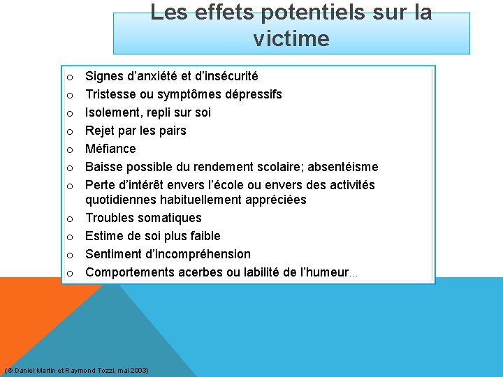 Les effets potentiels sur la victime o o o Signes d’anxiété et d’insécurité Tristesse Les effets potentiels sur la victime o o o Signes d’anxiété et d’insécurité Tristesse