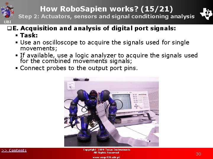 How Robo. Sapien works? (15/21) Step 2: Actuators, sensors and signal conditioning analysis UBI