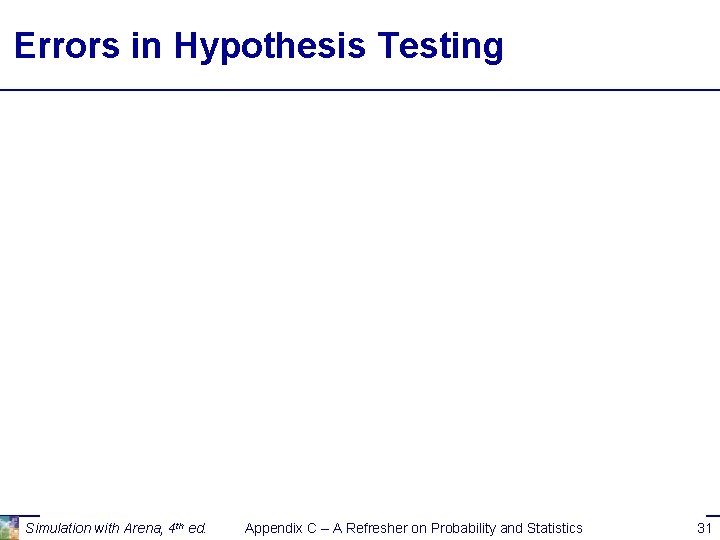 Errors in Hypothesis Testing Simulation with Arena, 4 th ed. Appendix C – A