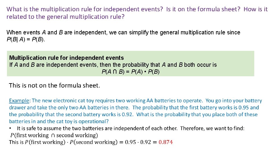 What is the multiplication rule for independent events? Is it on the formula sheet?