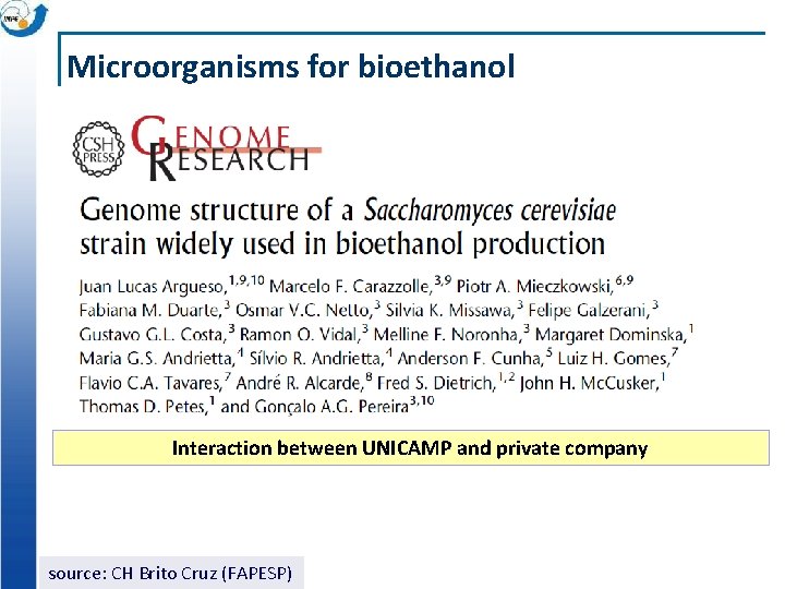 Microorganisms for bioethanol Interaction between UNICAMP and private company source: CH Brito Cruz (FAPESP)