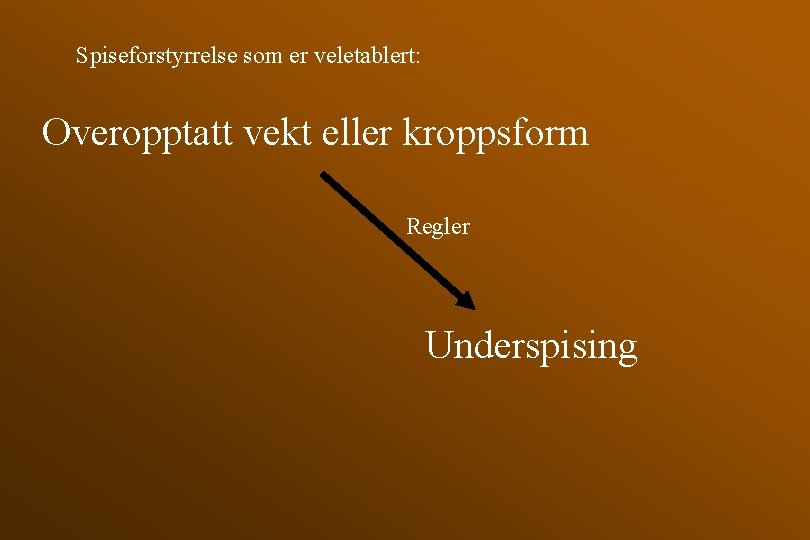 Spiseforstyrrelse som er veletablert: Overopptatt vekt eller kroppsform Regler Underspising 