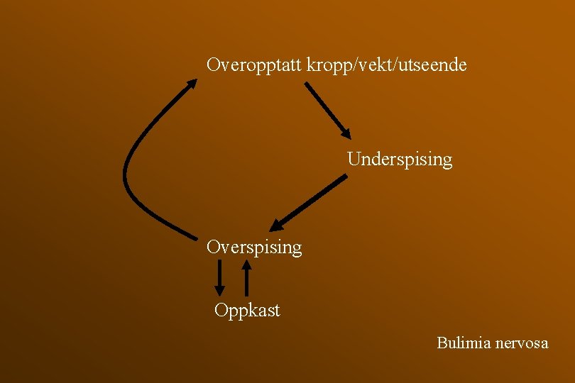 Overopptatt kropp/vekt/utseende Underspising Overspising Oppkast Bulimia nervosa 