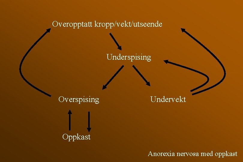 Overopptatt kropp/vekt/utseende Underspising Overspising Undervekt Oppkast Anorexia nervosa med oppkast 