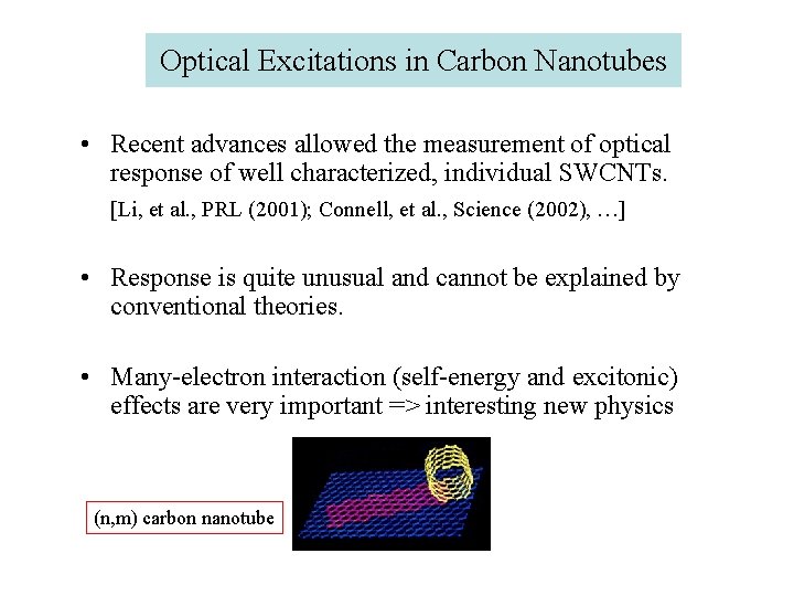 Optical Excitations in Carbon Nanotubes • Recent advances allowed the measurement of optical response