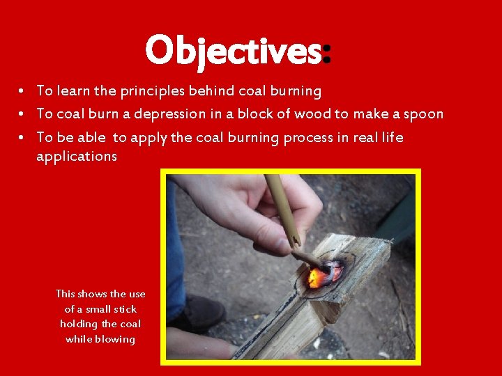 Objectives: • To learn the principles behind coal burning • To coal burn a