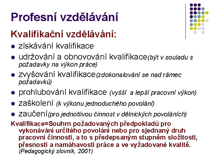 Profesní vzdělávání Kvalifikační vzdělávání: získávání kvalifikace udržování a obnovování kvalifikace(být v souladu s požadavky