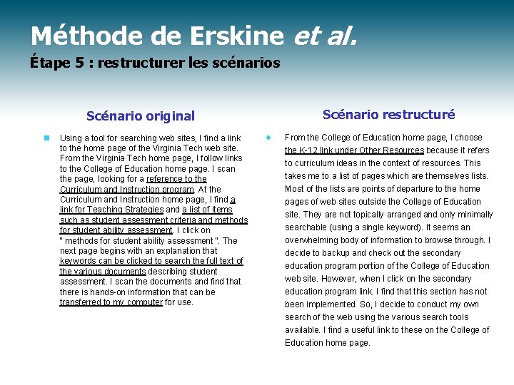 Méthode de Erskine et al. Étape 5 : restructurer les scénarios Scénario restructuré Scénario