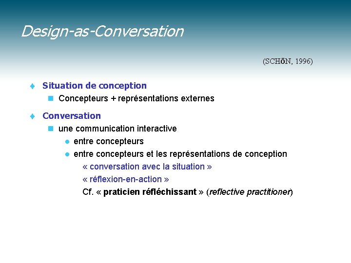 Design-as-Conversation (SCHöN, 1996) t Situation de conception n Concepteurs + représentations externes t Conversation