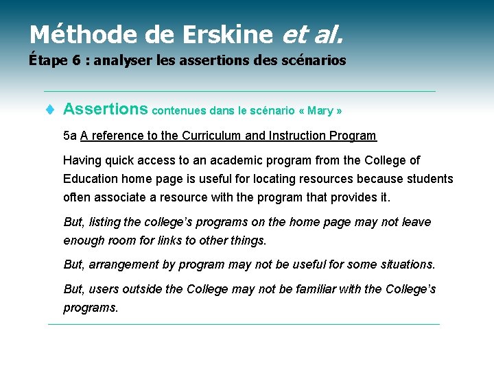 Méthode de Erskine et al. Étape 6 : analyser les assertions des scénarios t