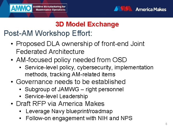 3 D Model Exchange Post-AM Workshop Effort: • Proposed DLA ownership of front-end Joint