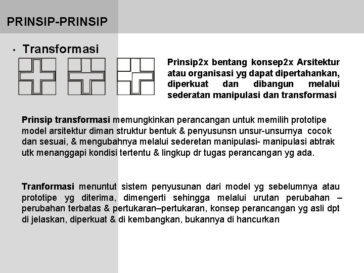 PRINSIP-PRINSIP • Transformasi Prinsip 2 x bentang konsep 2 x Arsitektur atau organisasi yg