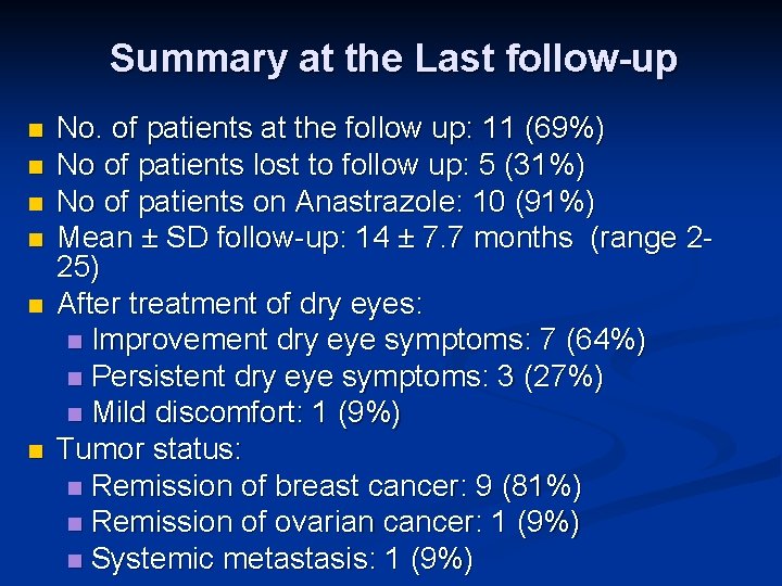 Summary at the Last follow-up n n n No. of patients at the follow
