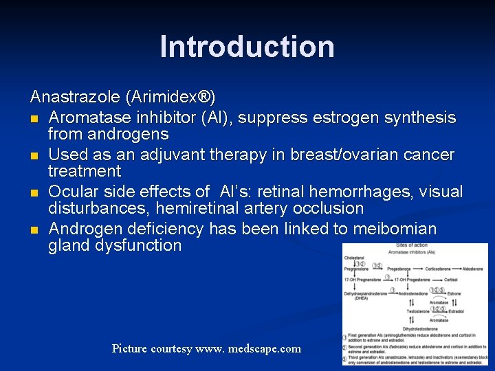 Introduction Anastrazole (Arimidex®) n Aromatase inhibitor (AI), suppress estrogen synthesis from androgens n Used