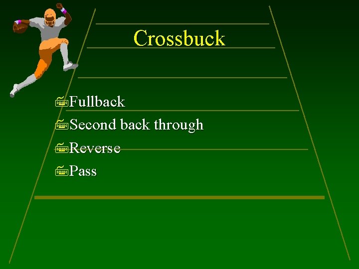 Crossbuck Fullback Second back through Reverse Pass 