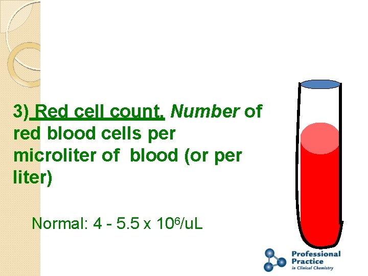 3) Red cell count. Number of red blood cells per microliter of blood (or