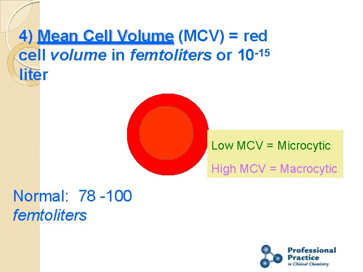 4) Mean Cell Volume (MCV) = red cell volume in femtoliters or 10 -15